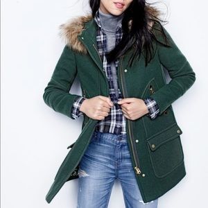 J Crew Chateau Parka Green Wool Coat Fur Hood 12 P Large